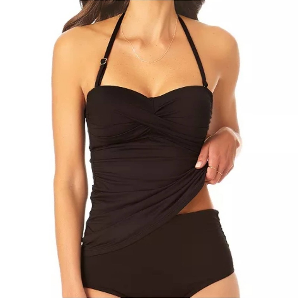 Anne Cole Twist Front Bandeau Tankini Swim Top XS Black - Picture 1 of 10